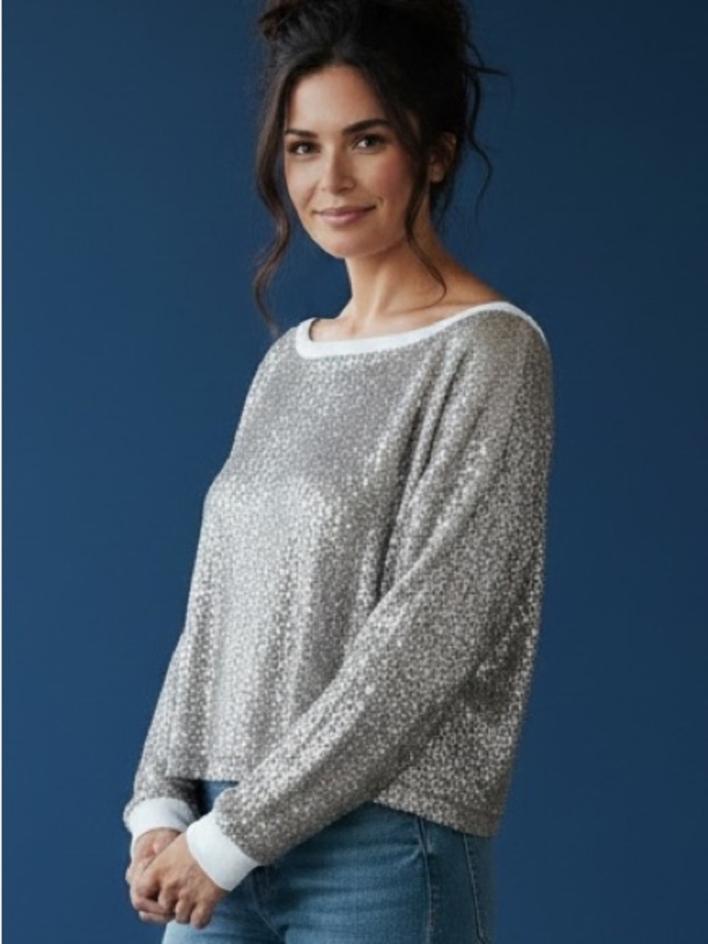 ❤️ CHASER Boho Silver x Tan Sequin Oversized Cropped Sweatshirt